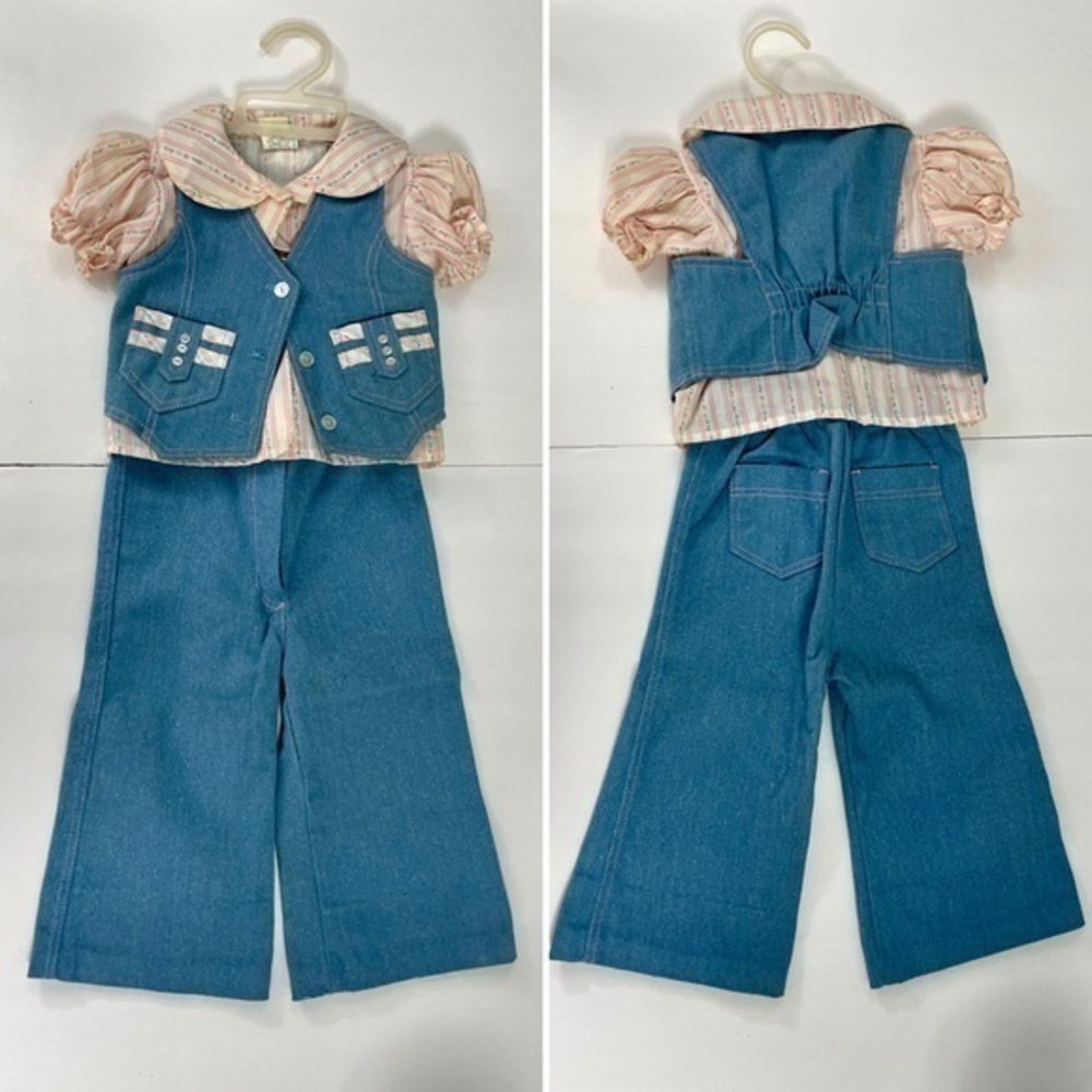 Vintage 70s Toddlers Blue‎ Denim Leisure Suit 3-piece set with vest